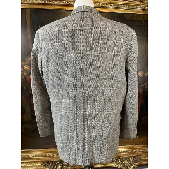 VTG Oscar De La Renta 44R Silk & Wool Tweed Black White Check 2Btn Blazer Jacket